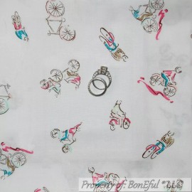 BonEful FABRIC FQ Cotton Quilt White Blue Pink Girl Boy Beach Tandum Bike People