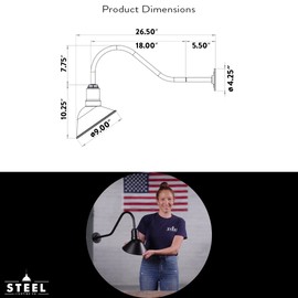 Steel Lighting Co. Venice Store Sign Light | For Outdoor Restaurant Accent Wall | 9 inch Dome | 23 inch Gooseneck | Made in America | Matte Black Exterior/Matte Black Interior