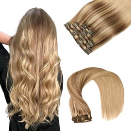 VINBAO Human Hair Extensions Clip in Hair Extensions 14inch Balayage Ash Brown with Bleach Blonde Hair Extensions Highlighted Clip in Extensions Straight Real Human Hair 100g 6 Pieces (CLIP#10/16/16-14inch)