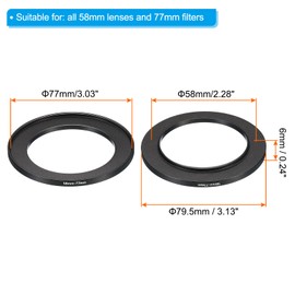 PATIKIL 58mm-77mm Metal Step Up Ring, 2 Pack Camera Lens Filter Adapter Ring Aluminum Filter Adapter Ring for Camera Lenses Hood, Black