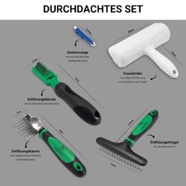 FinoPet 5er Entfilzungs-Set mit verschiedenen Hundebürsten/Katzenbürsten, XL Fusselrolle, Zeckenzange, Entfilzer, Langhaar Kurzhaar Unterwolle Bürsten Tierhaarentferner, Automatische Zeckenentfernung
