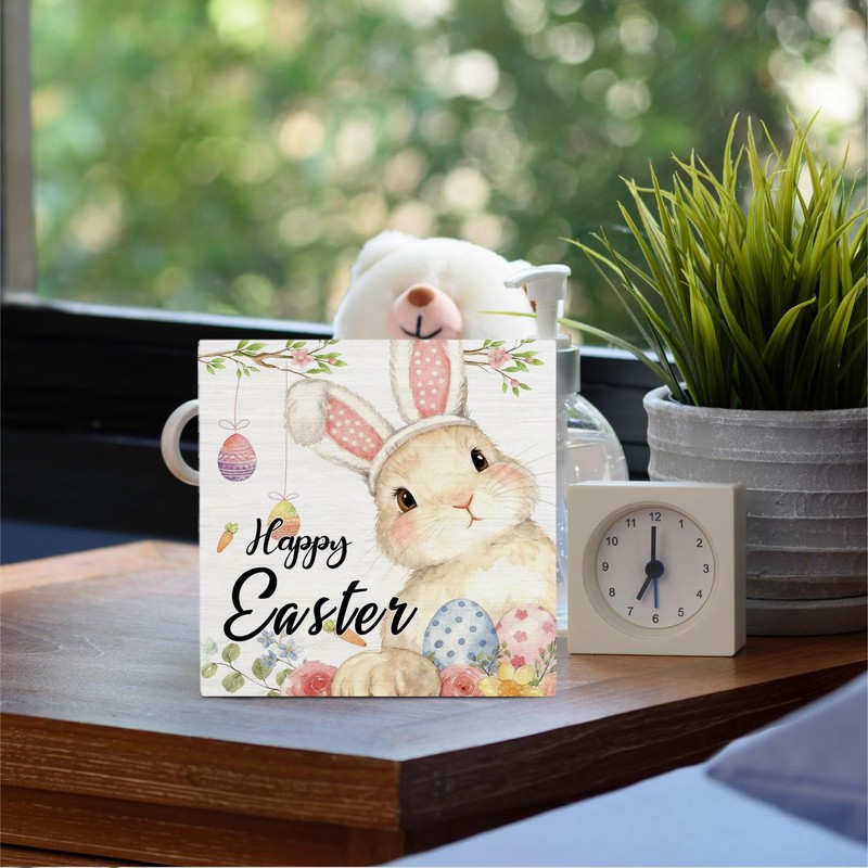 HYKDFMNCJ Happy Easter Bunny Wooden Box Sign Desk Decor, Easter