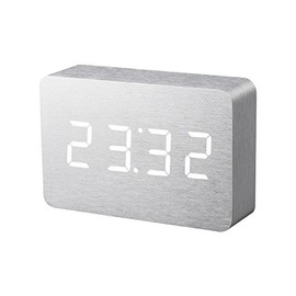 Gingko Brick LED Click Clock Alarm Clock with Sound Activation (Time, Date and Temperature), Aluminium/White LED