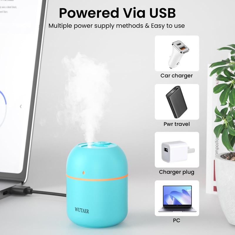 Portable Small Humidifier, WUTAER USB Personal Desktop Humidifier for Car,