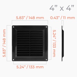 HVAC OV 4 x 4 Inch (Duct Opening Size) Black Square Air Vent Cover - Plastic Fresh Air Intake Vent - AC Cover with Built-In Guard Screen, Wall, Ceiling HVAC Return Air Register, Modern Soffit Vents