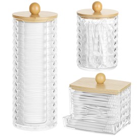 HOTUT 3PCS Cotton Pad Holder, Bathroom Jars Cotton Swab Box with Bamboo Lid