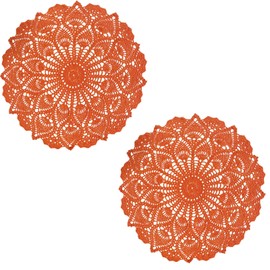BIBITIME Lace Placemats Table Doilies Round Handmade Crochet Doily Kitchen Cup Mug Mats (Orange, 16 to 17.5 inches-2PCS)