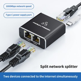 Ethernet Splitter 1 to 2 - High Speed 1000Mbps Network Splitter Adapter with USB Power Cable for Cat5/5e/6/7/8 Cable [Simultaneous Networking for 2 Devices]