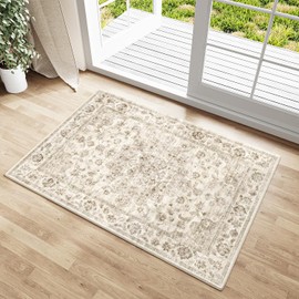 WondRg 2x3 Washable Area Rug for Entryway Non-Slip Beige Neutral Carpet Low Pile Soft Thin Tapis Salon Floral Vintage Vacuumable Lightweight Small Door Mat for Entrance Kitchen Bathroom Indoor