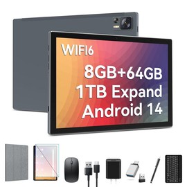Android 14 Tablet 2025 Latest Tablets, 10 inch Tablet (4+4)GB RAM 64GB ROM 1TB Expand, 2 in 1 Tablet with Keyboard, Case, Stylus, Octa-Core Tablet PC, WiFi 6, Bluetooth, Dual Camera,7000mAh Battery - Color: Silver