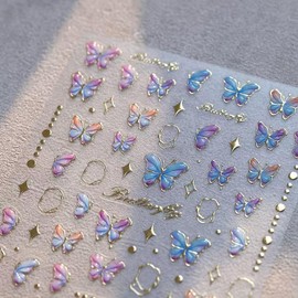 Butterfly Nail Stickers for Nail Art 5D Embossed Colorful Nail Art Stickers Gold Nail Decals Self Adhesive Nail Art Design Manicure Supplies Charm for Women Nail Art Decorations Accessories