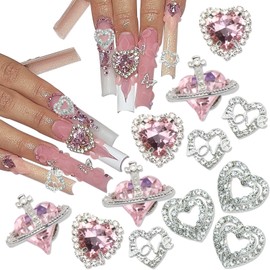 RODAKY 12PCS Heart Nail Charm Pink 3D Planet Nail Art Charms with Crystal Rhinestones Saturn Shape Design Nail Gems Shiny Nail Jewelry Accessories for Women Manicure Nail Decorations