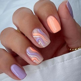 BAOYAALIN Press on Nails Short Medium Square Orange Purple Fake Nails with Simple Waves Design Full Cover Press ons Artificial Acrylic False Stick on Nail for Women Girls Daily Wear Wedding 24Pcs