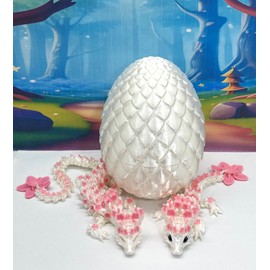3D Printed Dragons with Dragon Egg, Articulated Mother and Child Dragons, White and Pink Cherry Blossom Baby Dragon, Fidget ADHD Autism Toy MCD-016-004-PNK-WE
