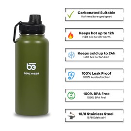 Beazyness 'universeBottle' Stainless Steel Drinking Bottle - BPA-Free - Leak-Proof - Suitable for Carbonated Drinks - Insulated Bottle with Screw Cap for Fitness, Outdoor (Green, 950 ml)