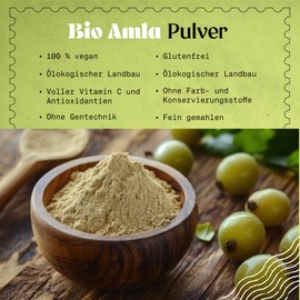 NaturaleBio Amla Pulver 200g. Ayurvedisches Superfood für Haar, Haut und ganzheitliches Wohlbefinden. Antioxidant und Quelle von Vitamin C. Stärkt das Immunsystem, entgiftet und verdauungsfördernd.