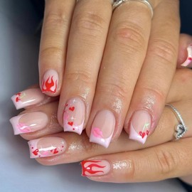 Short Glossy Press on Nails Cute Flame Love French Pink Lips Design Valentine's Day False Nails with Glue on Nails Medium Square Artificial Nails Reusable Stick on Nail for Women Heart Manicure 24Pcs