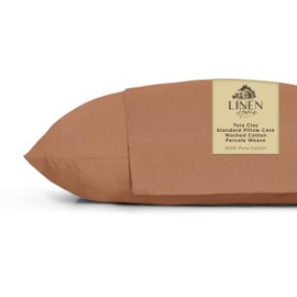 Linen Home Washed Cotton Percale Pillowcases Queen Size, Tera Clay, 2 Pieces of Pillow Case, Soft and Cool Strong Bed Linen, 21 inches X 30 inches