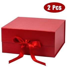 WRAPAHOLIC 2Pcs Red Gift Box with Satin Ribbon, 8x8x4 Inches Collapsible Gift Box with Magnetic Closure for Party, Wedding, Gift Wrap, Bridesmaid Proposal, Storage