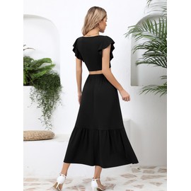 Missufe Women's 2-Piece Outfits Summer Ruffle Crop Top and Long A-Line Skirt Set Two Piece Suit, black
