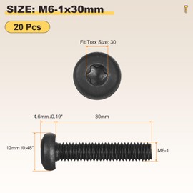 METALLIXITY Pan Head Torx Security Screws Bolts (M6-1x30mm) 20Pcs, Button Torx Head Machine Screws Carbon steel - for Furniture Woodworking Project, Black