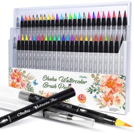 Ohuhu Watercolor Brushes, 48 Colors, 2 Water Pens, Brush Pens, Color Set, Watercolor Brushes, Watercolor, Lettering, Transparent, Learning Materials, Art Supplies, Storage Case Included