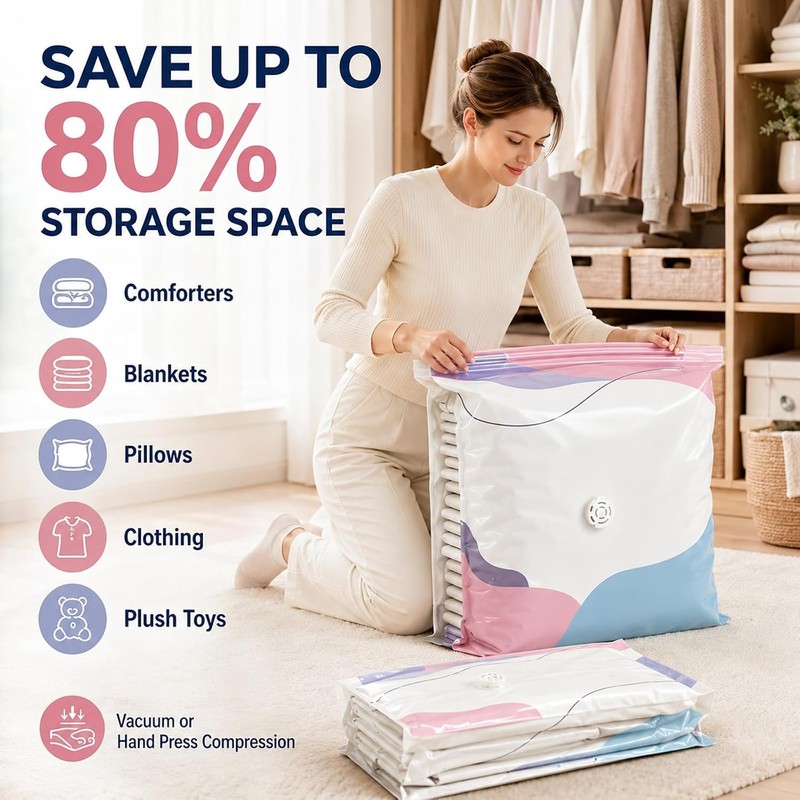 No-Pump Vacuum Storage Bags, Press & Seal Compression Bags, Space