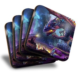 Destination Vinyl ltd Great Coasters (Set of 4) Square - Mythical Dragon Fantasy Beast Gamer Drink Glossy Coasters/Tabletop Protection for Any Table Type #16455