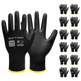 Safety Work Gloves PU Coated, 12 Pairs Seamless Knit Gloves with Polyurethane Coating Working Gloves Excellent Grip for Men & Women, Breathable, Ideal for General Duty Work DIY (Black, X-Large)