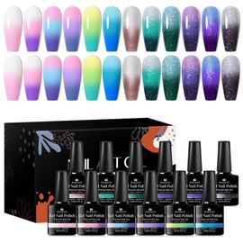 MSRUIOO Color Changing Gel Nail Polish Set 12 Colors Temperature Mood Changed Glitter Pink Purple Soak Off UV/LED Nail Art Design Kit Manicure Gifts for Women Girls 8ml
