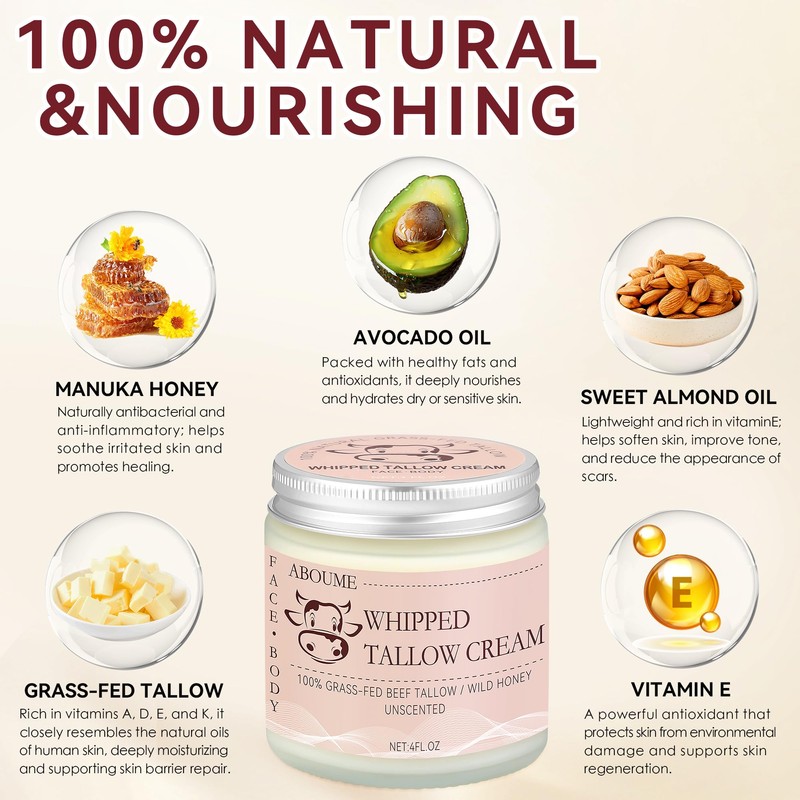 Beef Tallow for Skin, 100% Grass-Fed Whipped Beef Tallow and