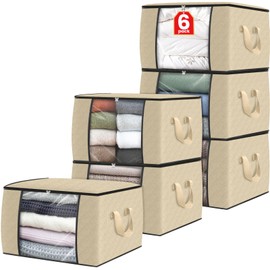 Fab totes 6 Pack Clothes Storage, Foldable Thick Fabric Blanket Storage Bags, Containers for Organizing Bedroom, Closet, Clothing, Comforter, Organization with Handle,Beige