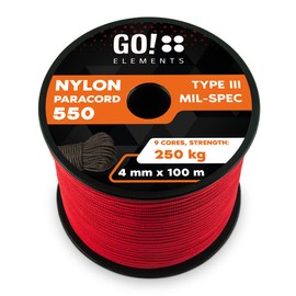 GO!elements 100 m Paracord Rope - Made of Tear-Resistant Nylon Cord - 4 mm Paracord 550 Type III Rope - Suitable as General Purpose Rope and Cord - Max. 250 kg, red