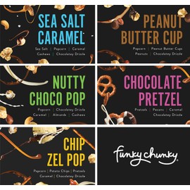 Funky Chunky Gourmet Popcorn, Chocolatey Popcorn, Pretzel, and Nutty Mixes, Variety Pack, Sea Salt Caramel, Peanut Butter Cup, Nutty Choco Pop, Chocolate Pretzel & Chip Zel Pop, 2-Ounce Bags (Pack of 15)
