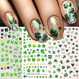 8 Sheets St. Patrick's Day Nail Stickers Green Shamrocks Nail Decals 3D Self Adhesive Nail Design Stickers Irish Lucky Grass Shamrock Nail Art Stickers for Women Girls Nail Decoration