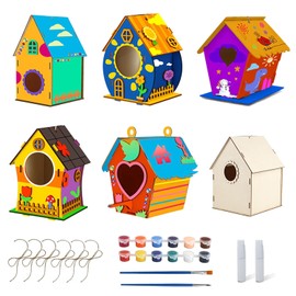 QITIXI:OU Pack of 6 Bird House Construction Kit for Children, DIY Wooden Bird House for Painting with Colour Shape, Crafts for Building and Painting, DIY Set Craft Set, Bird House Construction Kit