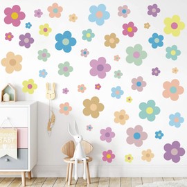 12 Sheets Flower Wall Decals Cute Colorful Floral Wall Stickers Vinyl Peel and Stick Wall Decals Y2k Preppy Hippie Stickers Aesthetic Decor for Girls Kids Nursery Bedroom Decoration Pastel Style