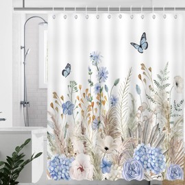 Mocsicka Boho Floral Shower Curtain Blue Floral Boho Leaves Pampas Grass Bathroom Shower Curtain Waterproof Fabric Shower Curtain Bathtub Decor with 12 Hooks 72 X 72 Inches