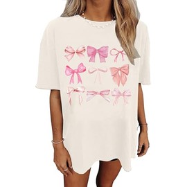 Women Oversized Tshirts Coquette Aesthetic Cute Bow Shirt Summer Casual Graphic Trendy Tees Tops (Apricot3,M)