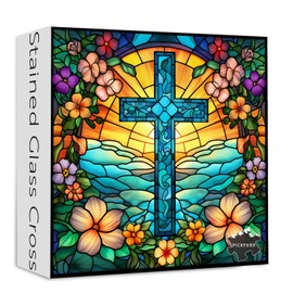 Cross Stained Glass Puzzles for Adults 1000 Pieces and up, PICKFORU Christian Puzzles with Colorful Flower, Religious Puzzle as Home Decor