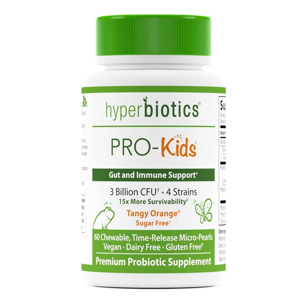 Hyperbiotics Pro Kids Probiotics | Vegan Daily Digestive Probiotic for Kids | Tiny Pearl Tablets | Easy to Swallow for Children | Gluten, Dairy & Sugar Free | Ages 3 & Up | Orange Flavor | 60 Count