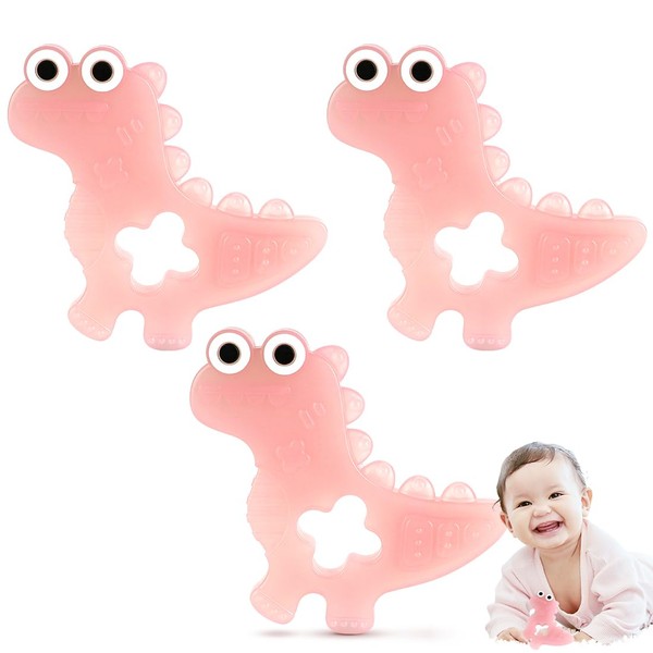 NPET 3Pcs Cute Dinosaur Baby Teething Toys See-Through Pink Teethers