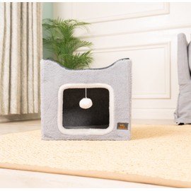 Miss Meow Cat Bed for Indoor Cats,Medium Large Cats Cave Bed,Machine Washable Slip Resistant Bottom,Ultra Soft Plush Cushion (Gray Fleece House)