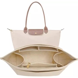 Longchamp 롱샹 르 플리지 M 핸드백용 루카이치 지갑 정리함 삽입물 펠트 토트백 컵 포함 베이지 미디엄 [Large] Longchamp Le Pliage M Handbag Lukasichi Wallet Organizer Insert Felt Tote Bag with Cup Beige Medium [Large]