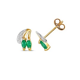 Cute 9ct Gold Ladies Diamond Stud Earrings Brilliant Cut H - PK with Emerald - 9mm*6mm WJS35554