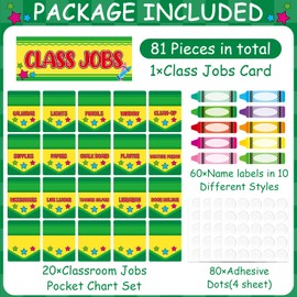 81PCS Crayon Class Jobs Bulletin Board Crayons Theme Classroom Jobs Pocket Chart Set Teacher's Helper Chalkboard Decor Colorful Crayon Cutouts for Back to School Teachers Students Wall Door Decoration