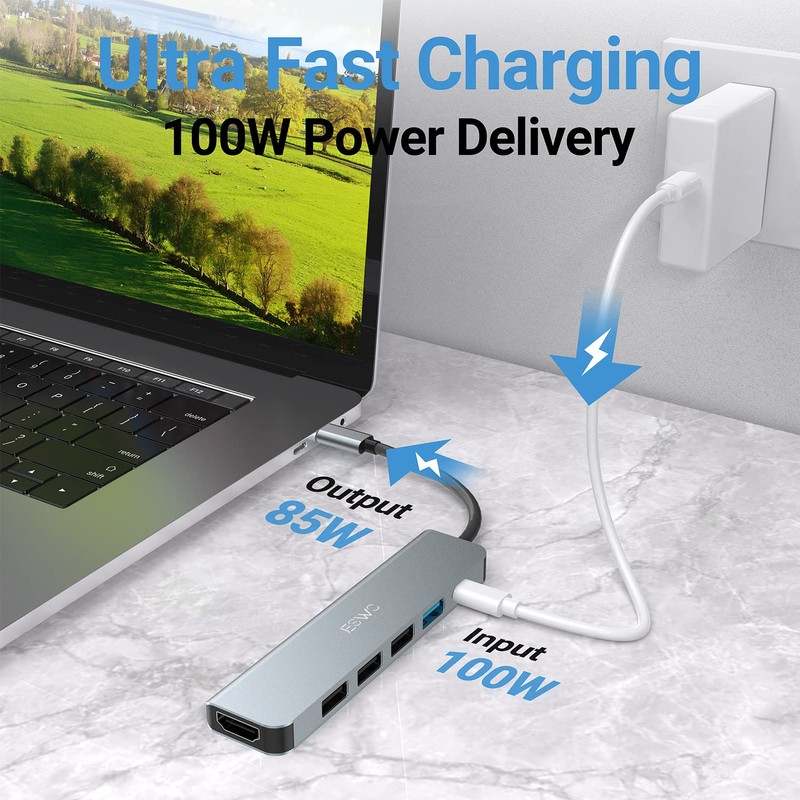 USB C Hub, JESWO 6 in 1 USB C Adapter