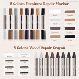 DEWEL Dual-Tipped Furniture Markers Touch Up, Upgrade 17 Pcs Wood Furniture Repair Kit, Wood Touch Up Markers and Wax Sticks with Repair Tools, Easily Repair Wood Floor Scratches, Wood Stain and Dents