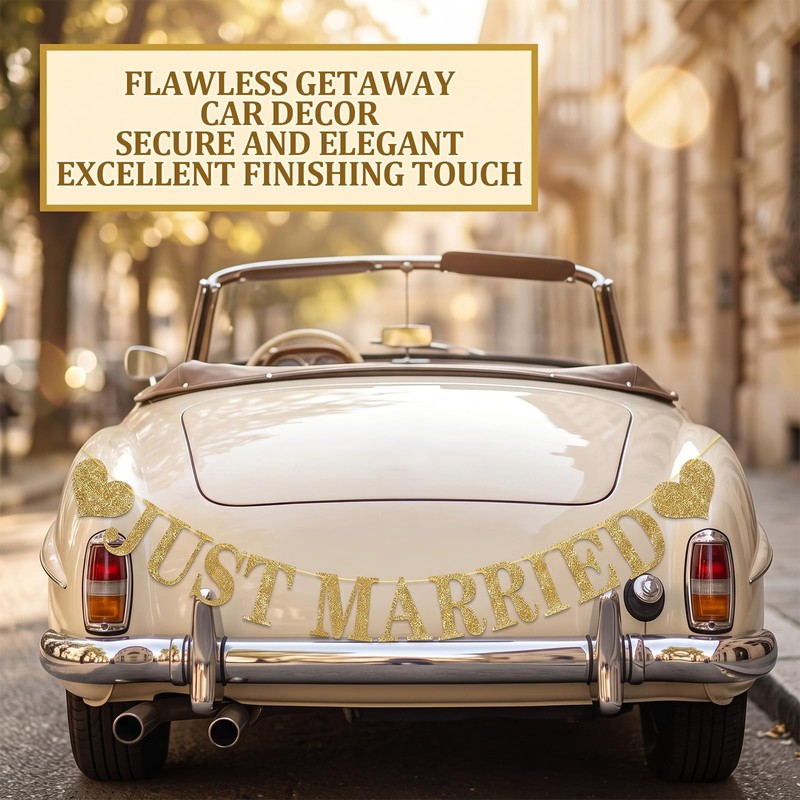 Guttiuaa Just Married Banner, 3 Pcs Gold Glitter Wedding Bunting