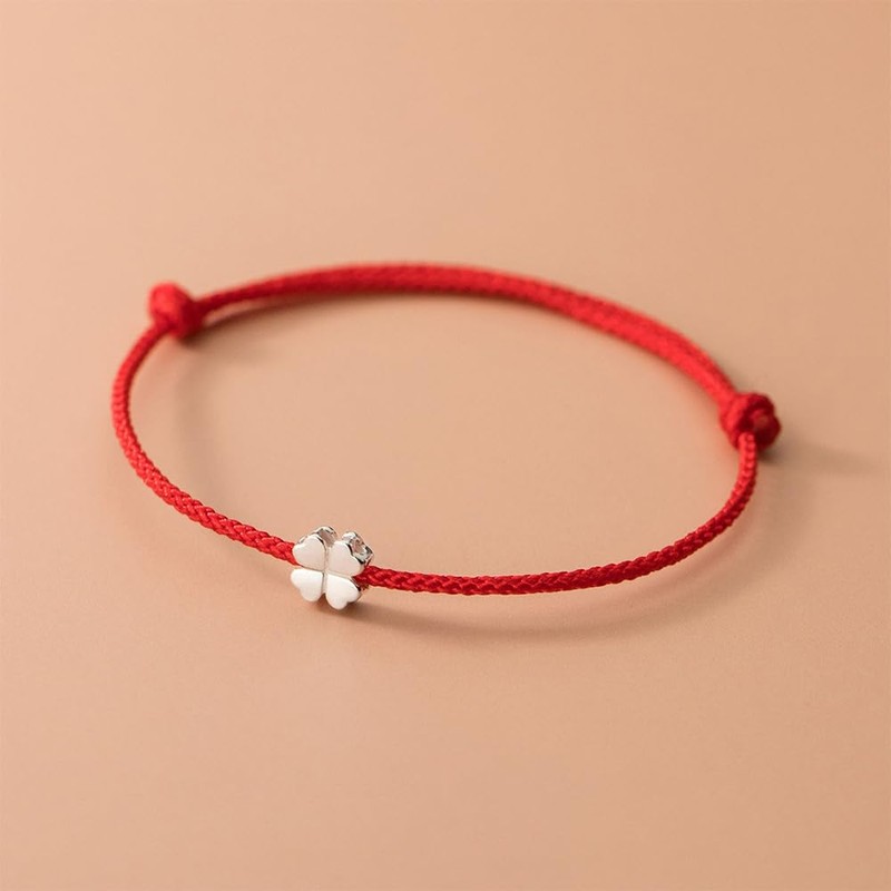 [Richight] Silver Good Luck 4 Leaf Clover Red String Amulet